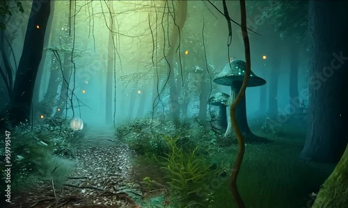 A mystical forest scene with glowing lanterns, towering mushrooms, and a foggy atmosphere. The enchanted setting creates a magical and otherworldly environment, full of mystery. Generative Ai