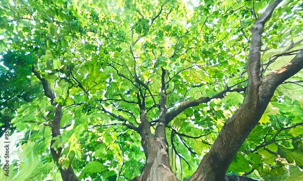 Upward view of a large tree with sprawling branches and lush green leaves. Sunlight filters through the foliage, creating patterns of light and shadow on the trunk and branches. Generative Ai Upward view of a large tree with sprawling branches and lush green leaves. Sunlight filters through the foliage, creating patterns of light and shadow on the trunk and branches. Generative Ai