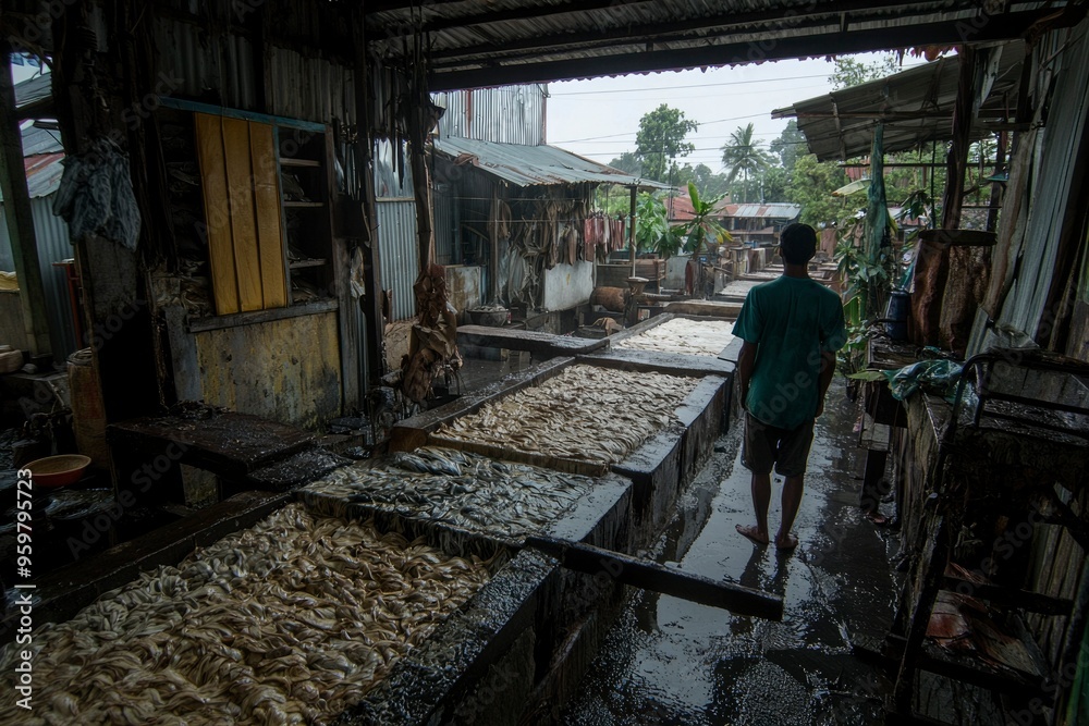 A man walks past a leather tanning process in a dilapidated building A man walks past a leather tanning process in a dilapidated building