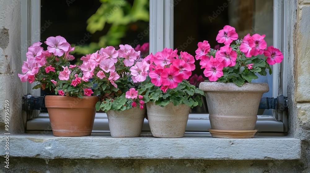 Blooming pink Pelargonium flowers in ceramic pots on a windowsill, close-up. France, Burgundy, Autumn Blooming pink Pelargonium flowers in ceramic pots on a windowsill, close-up. France, Burgundy, Autumn