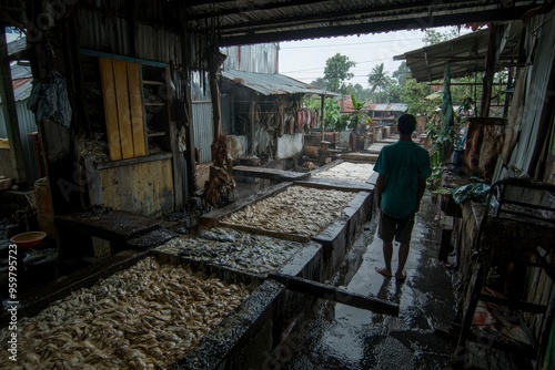 A man walks past a leather tanning process in a dilapidated building