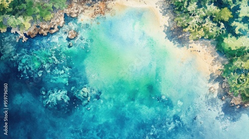 Breathtaking Watercolor Aerial View of a Pristine Beach and Turquoise Waters