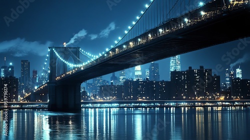 Manhattan Bridge with the Brooklyn skyline illuminated at night