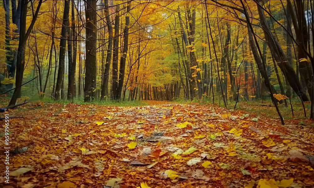 A forest floor covered in bright autumn leaves, with trees displaying vibrant shades of orange and yellow. The warm fall colors fill the woodland with a cozy, seasonal atmosphere. Generative Ai A forest floor covered in bright autumn leaves, with trees displaying vibrant shades of orange and yellow. The warm fall colors fill the woodland with a cozy, seasonal atmosphere. Generative Ai