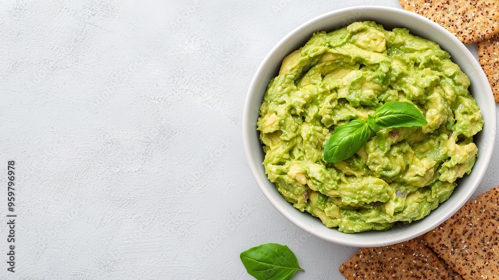 Bowl of fresh guacamole with a side of whole grain crackers, brain-boosting snack, healthy and delicious Bowl of fresh guacamole with a side of whole grain crackers, brain-boosting snack, healthy and delicious