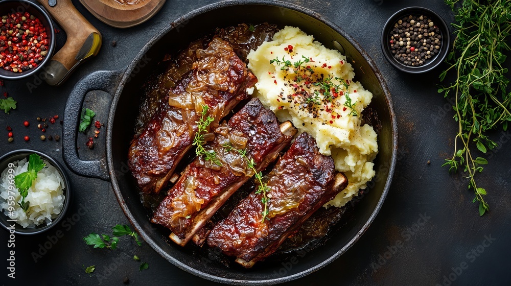 Spare ribs served with sauerkraut and mashed potatoes in a pan Spare ribs served with sauerkraut and mashed potatoes in a pan