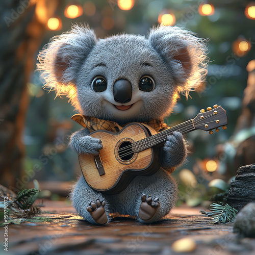 Adorable Koala Playing Guitar in Enchanted Woodland Setting with Warm Ambient Lights and Cozy Atmosphere