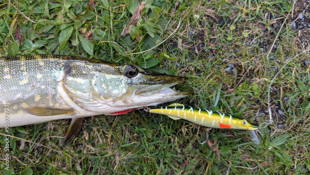 Fish pike caught on lure and fishing rod in Corrib river at Galway, Ireland, fishing, angling, spinning, sport, catch and release, animals and wildlife