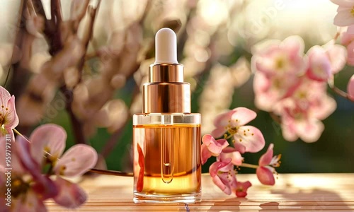 Bottle of beauty serum set among cherry blossoms, illuminated by warm, golden light. The scene reflects a sense of freshness and natural beauty, perfect for skincare promotion Generative Ai