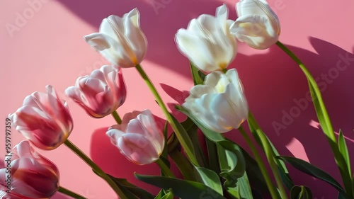 Pink and white tulips on a pink background, natural beauty and spring concept
