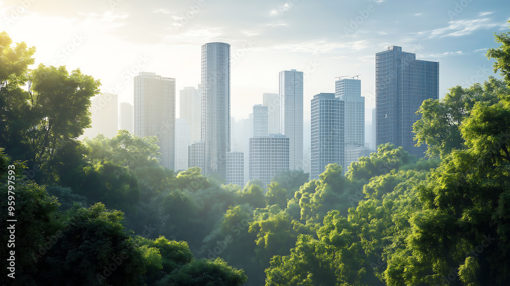 Fototapeta premium Cityscape with modern skyscrapers adorned with trees, The harmony of nature and urbanity, Clean air. Emphasizing natural concepts, Green spaces 