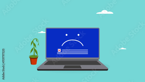 Computer outage, operating system crash or cyber attack, common computer problem or server down, Failure to operate due to incorrect software update, computer laptop outage with wilting plants
