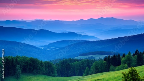 Serene landscape at dusk with layered mountains and colorful sky.