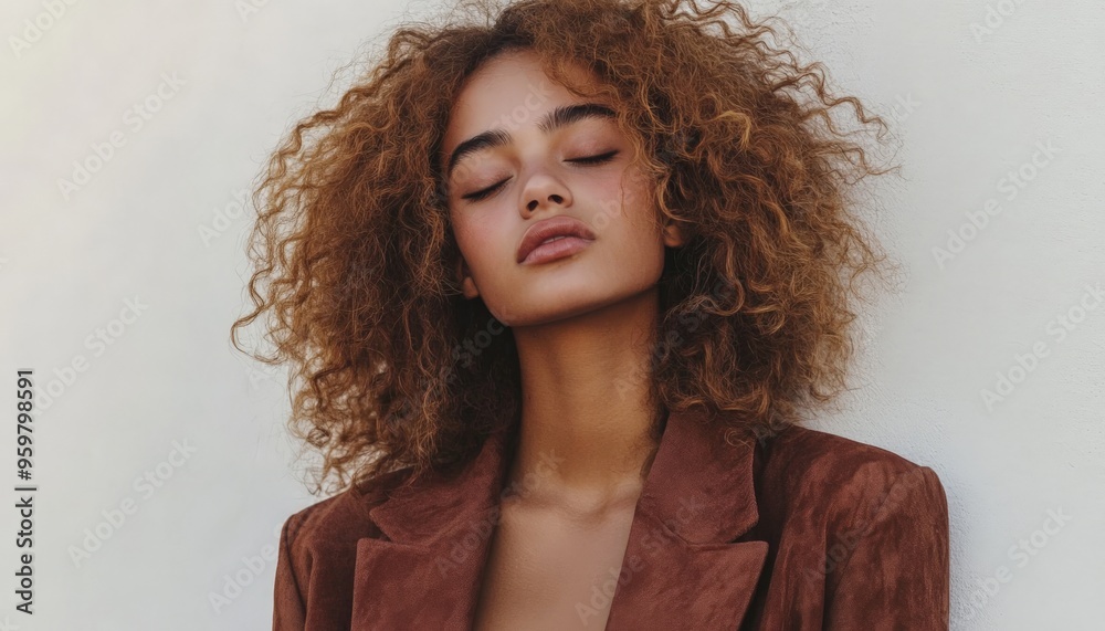 Close-up portrait of a woman with curly hair, eyes closed, and a brown jacket, with a white wall behind her.. Close-up portrait of a woman with curly hair, eyes closed, and a brown jacket, with a white wall behind her..