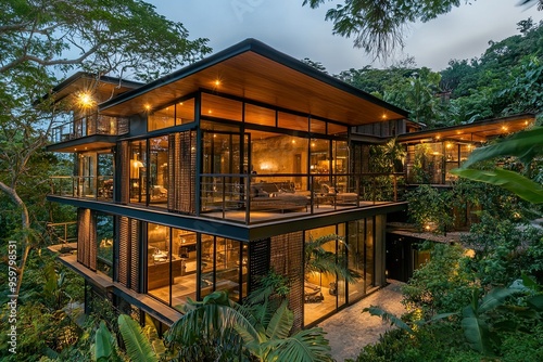 Modern glass house surrounded by lush greenery, showcasing contemporary architecture.