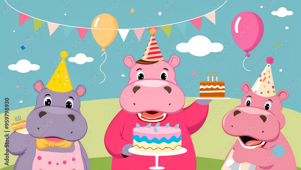 cute cartoon hippopotamus with cake, birthday flat design illustration cute cartoon hippopotamus with cake, birthday flat design illustration