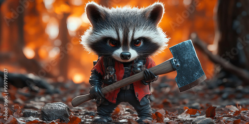 Fierce Raccoon Warrior Holding an Axe in an Enchanted Autumn Forest with Warm Orange Tones and Intense Mood photo