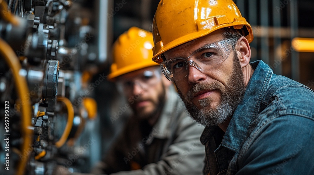 Focused on the Task: A close-up shot of a bearded industrial worker, wearing safety goggles and a yellow hard hat, intensely focused on the intricate machinery in front of him. Focused on the Task: A close-up shot of a bearded industrial worker, wearing safety goggles and a yellow hard hat, intensely focused on the intricate machinery in front of him.