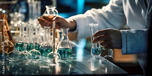 Scientista??s hand carefully placing a flask on a lab table with glassware. photo