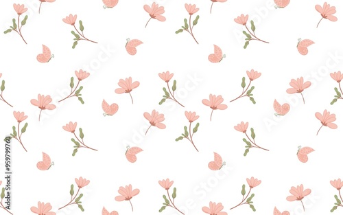 seamless pattern with green tiny leaves, peach color abstract ditsy flowers buds. hand drawn sketch, floral stems spring or summer printing.