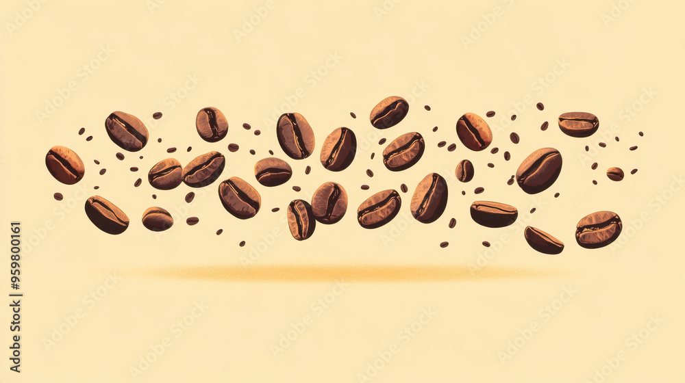 Fototapeta premium Floating coffee beans bursting with energy and flavor create dynamic visual. rich brown tones and scattered particles evoke sense of freshness and vitality.