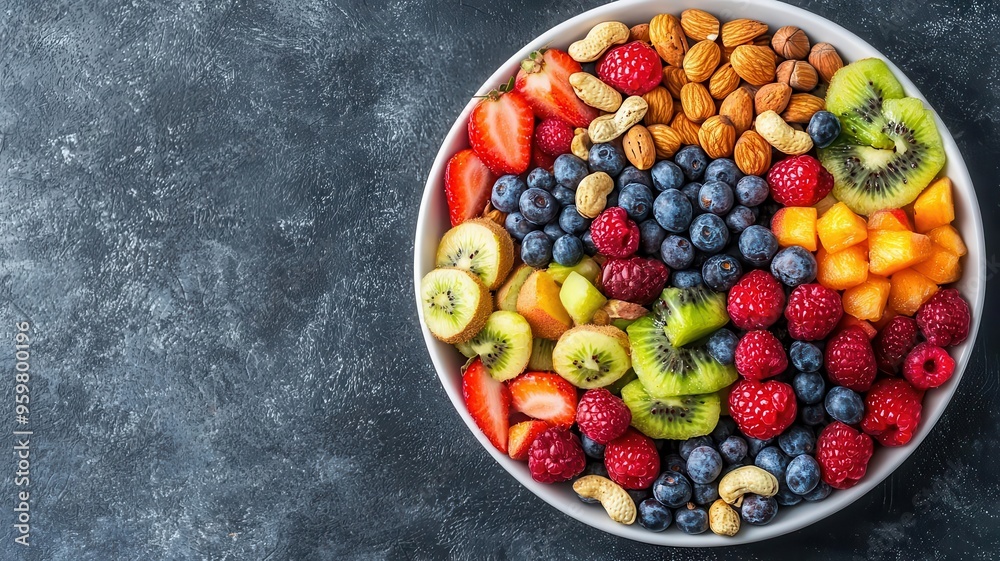 Colorful plate of mixed fruits and nuts, brain-stimulating snack, healthy and natural energy boost Colorful plate of mixed fruits and nuts, brain-stimulating snack, healthy and natural energy boost
