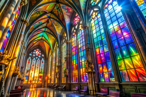 The stained glass windows of a church are illuminated by sunlight, creating a colorful and serene atmosphere