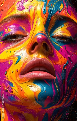 30. **Dynamic face portrait with a human face set against a backdrop of bold, explosive color bursts**