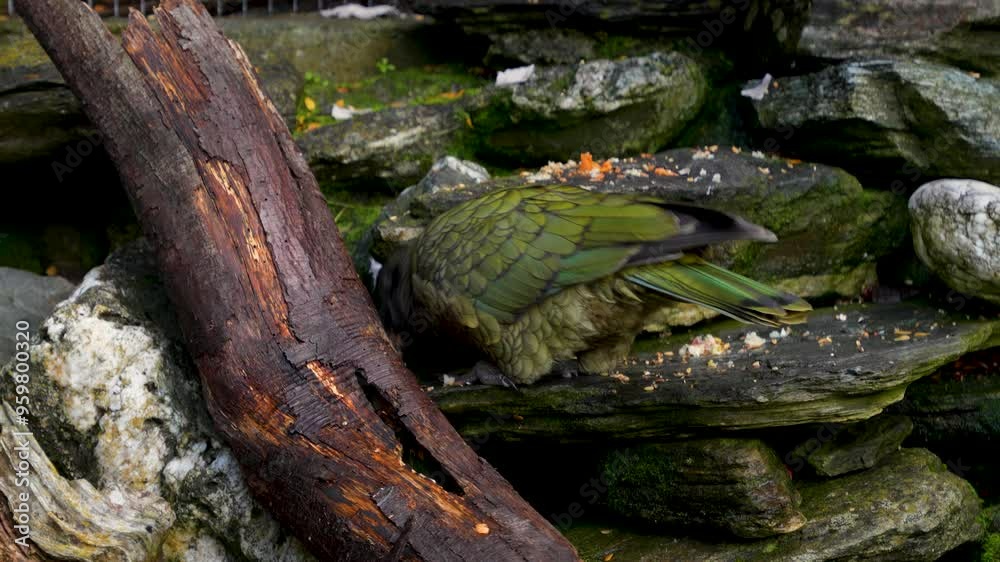 A native Kea Bird eating seeds from a rock next to a large branch. New Zealand. A native Kea Bird eating seeds from a rock next to a large branch. New Zealand.