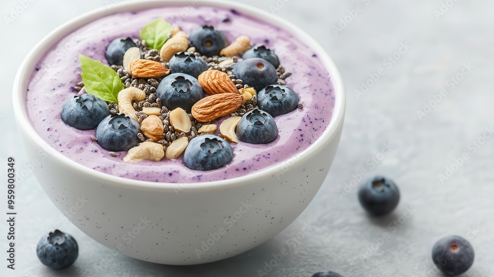 Colorful smoothie bowl topped with blueberries, nuts, and seeds, brain-boosting breakfast, vibrant and healthy meal Colorful smoothie bowl topped with blueberries, nuts, and seeds, brain-boosting breakfast, vibrant and healthy meal