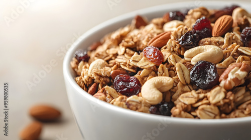 Close-Up of a Freshly Made Bowl of Granola with Mixed Nuts and Dried Fruits Against a Soft Beige Background