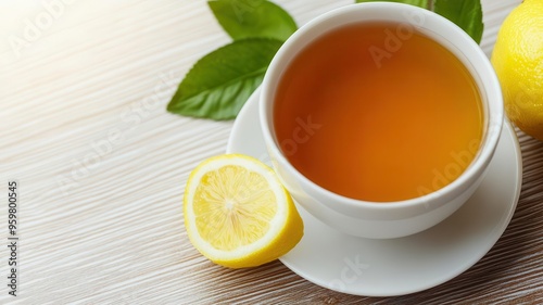 Cup of green tea with a lemon wedge on the side, rich in antioxidants, brain-stimulating beverage