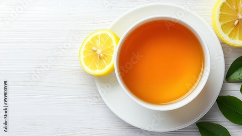 Cup of green tea with a lemon wedge on the side, rich in antioxidants, brain-stimulating beverage