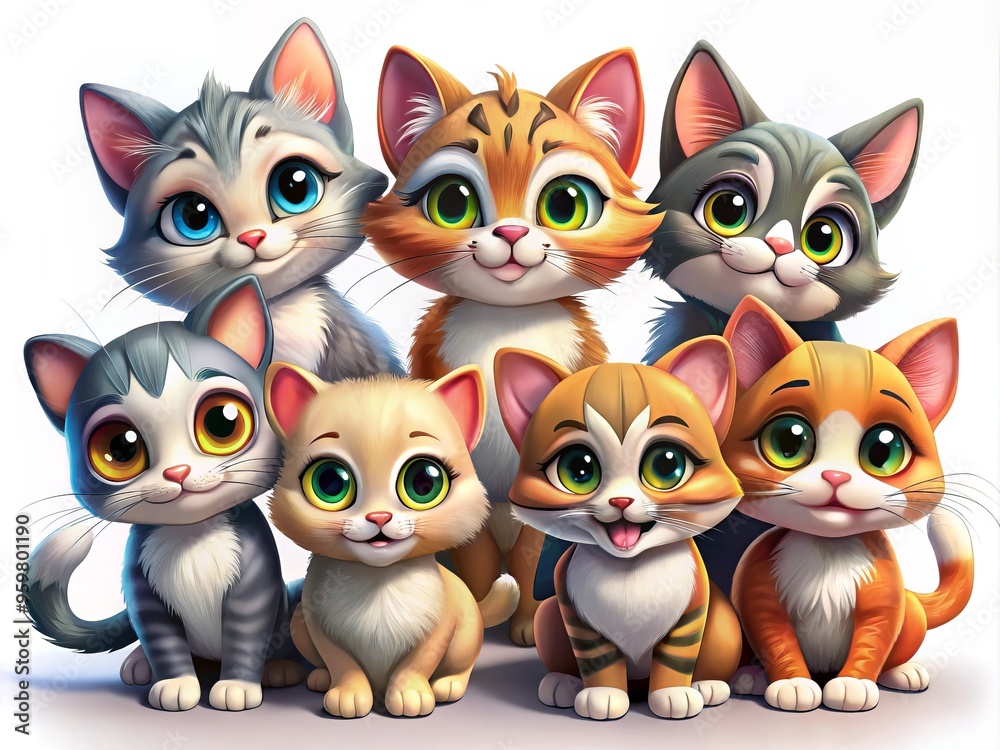 Adorable cartoon cats in various poses and expressions, awaiting your creative touch to bring their playful Adorable cartoon cats in various poses and expressions, awaiting your creative touch to bring their playful