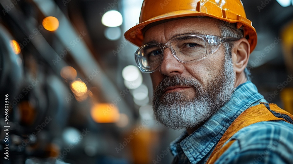 The Veteran Engineer: A close-up portrait of a seasoned engineer in a factory setting, his weathered face reflecting experience and determination. The Veteran Engineer: A close-up portrait of a seasoned engineer in a factory setting, his weathered face reflecting experience and determination.