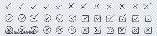 Hand-drawn Check marks doodle set, Checkbox, checklist, tick and cross signs, Vector EPS 10