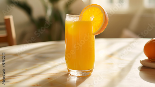 Freshly Squeezed Orange Juice on Light Table with Slice, Refreshing Drink Presentation