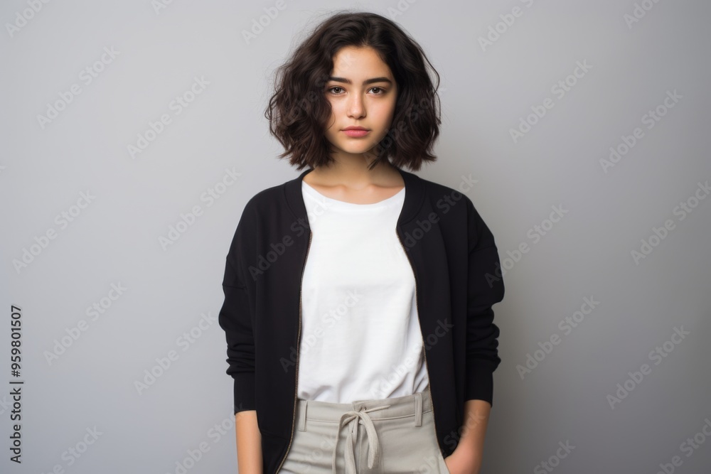 A woman with a short haircut and a black jacket and white shirt A woman with a short haircut and a black jacket and white shirt