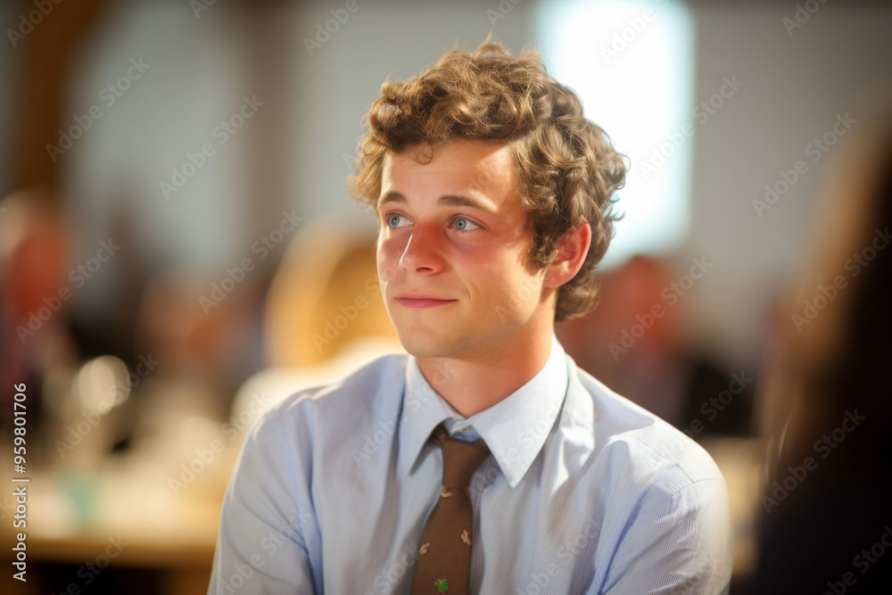 A man wearing a blue shirt and a brown tie is smiling A man wearing a blue shirt and a brown tie is smiling