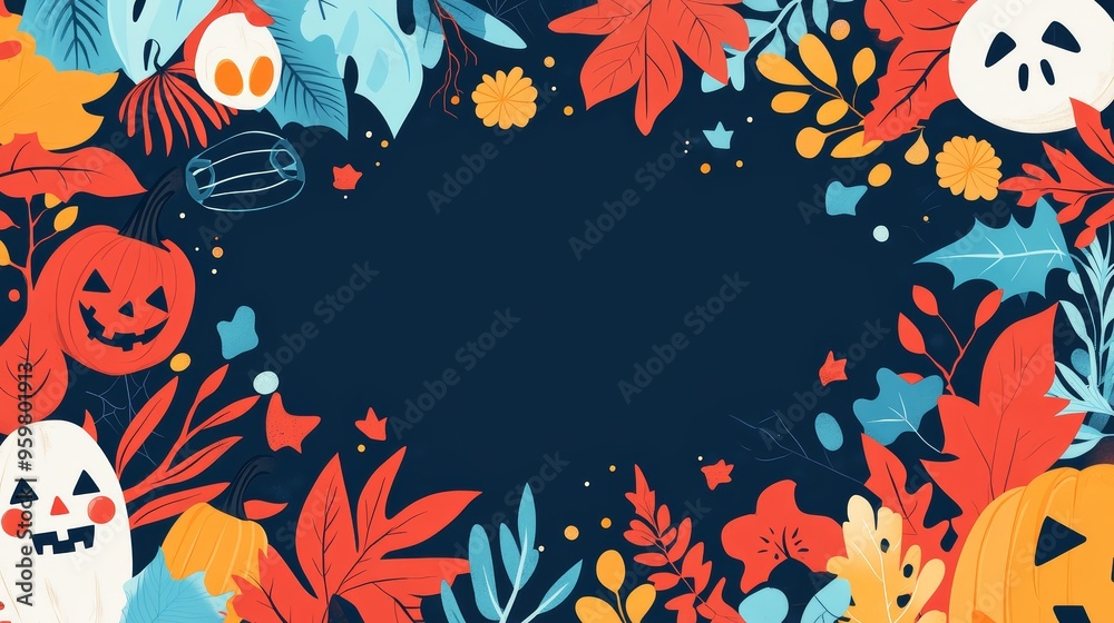 Halloween Pumpkin and Ghost Border with Autumn Leaves and Flowers Halloween Pumpkin and Ghost Border with Autumn Leaves and Flowers