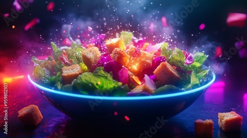 3D rendering of neon-lit Caesar salad with croutons and Parmesan cheese, vibrant colors, and a glowing effect on a dark background. Ultra-realistic photography.