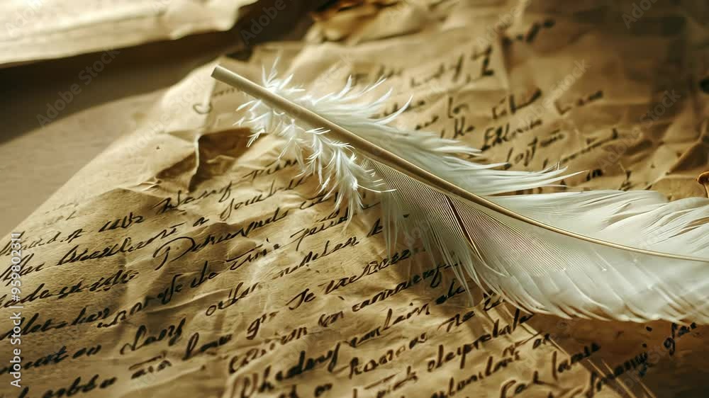 Quill pen on ancient parchment, close-up. Historical writing and nostalgia concept