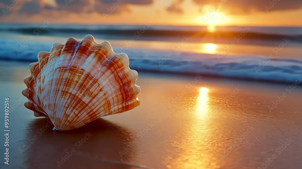 Seashell on beach at sunset, serene nature view. Coastal tranquility and relaxation concept Seashell on beach at sunset, serene nature view. Coastal tranquility and relaxation concept