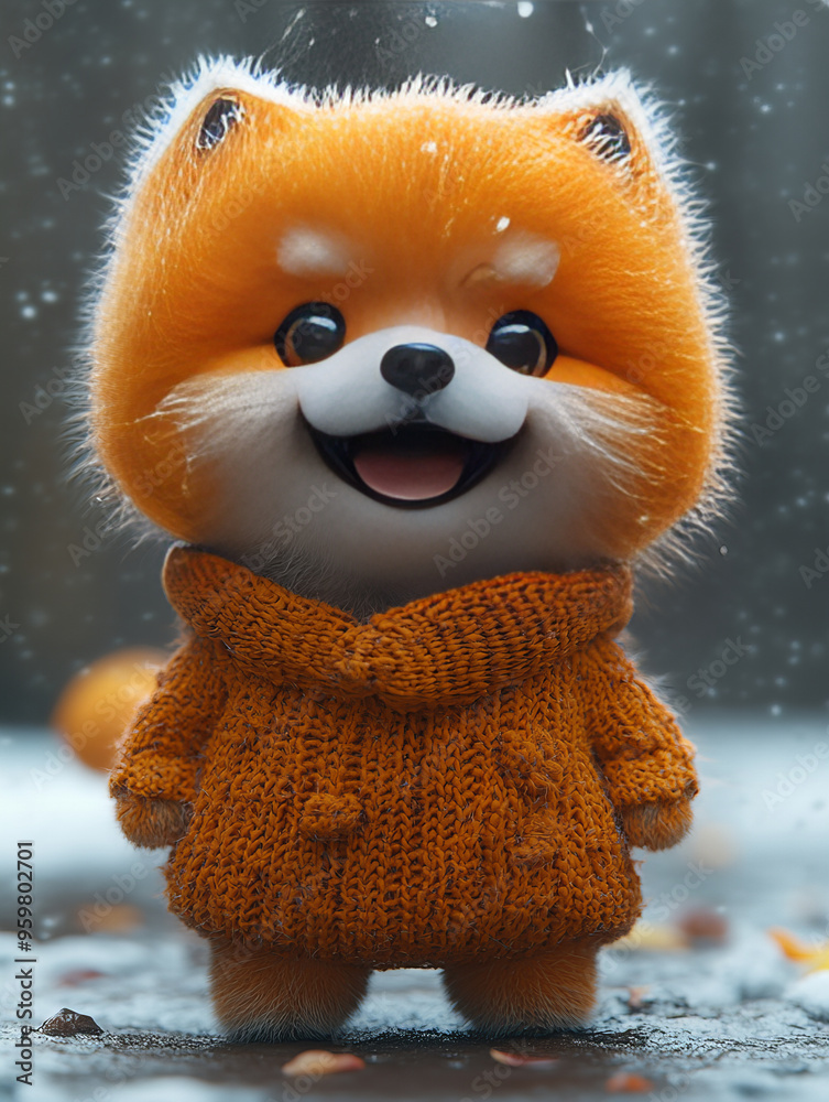 Smiling Fox Wearing Cozy Orange Knit Sweater in Gentle Snowfall, Adorable Animal Character, Warm Colors, Soft Lighting, Cheerful Rustic Scene Smiling Fox Wearing Cozy Orange Knit Sweater in Gentle Snowfall, Adorable Animal Character, Warm Colors, Soft Lighting, Cheerful Rustic Scene