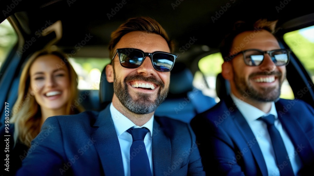 Happy Business Team in Sunglasses Enjoying a Car Ride. Generative ai Happy Business Team in Sunglasses Enjoying a Car Ride. Generative ai