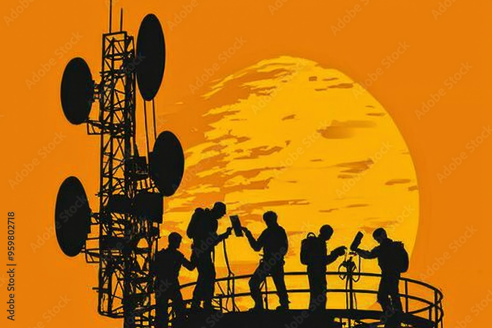 Naklejka premium Silhouetted Figures on a Communication Tower Against a Sunset