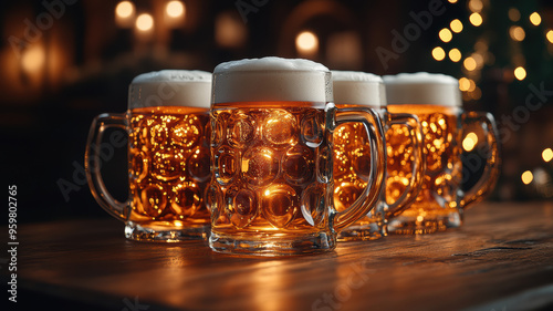 Beer Mugs and Foamy Beer with Lights