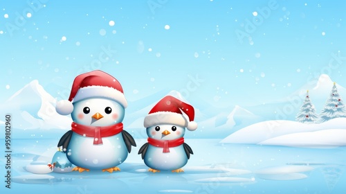 Adorable penguin family wearing festive hats near icy landscape during winter holiday season