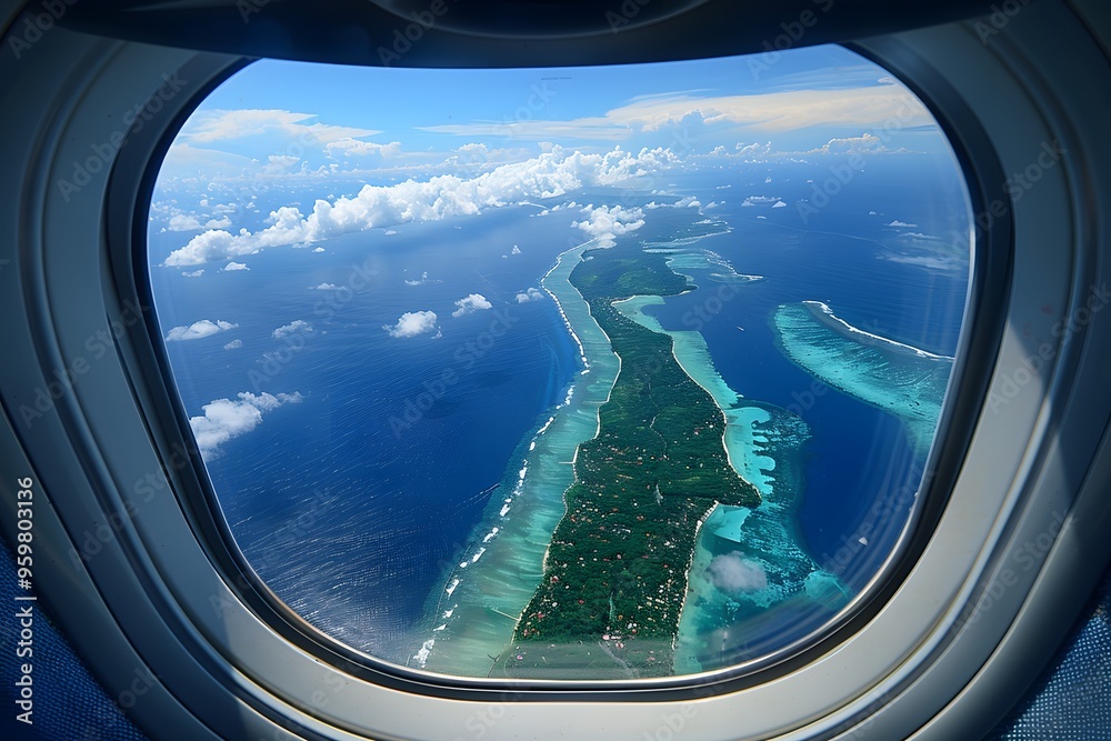 Aerial View of a Tropical Island from an Airplane Window