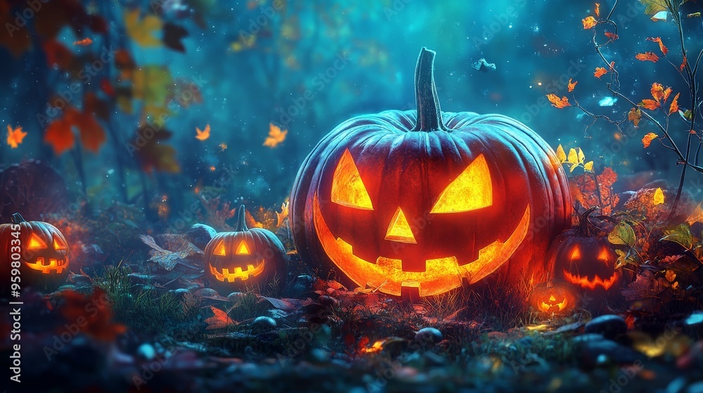 Glowing Jack o Lantern in Spooky Forest with Autumn Leaves Glowing Jack o Lantern in Spooky Forest with Autumn Leaves